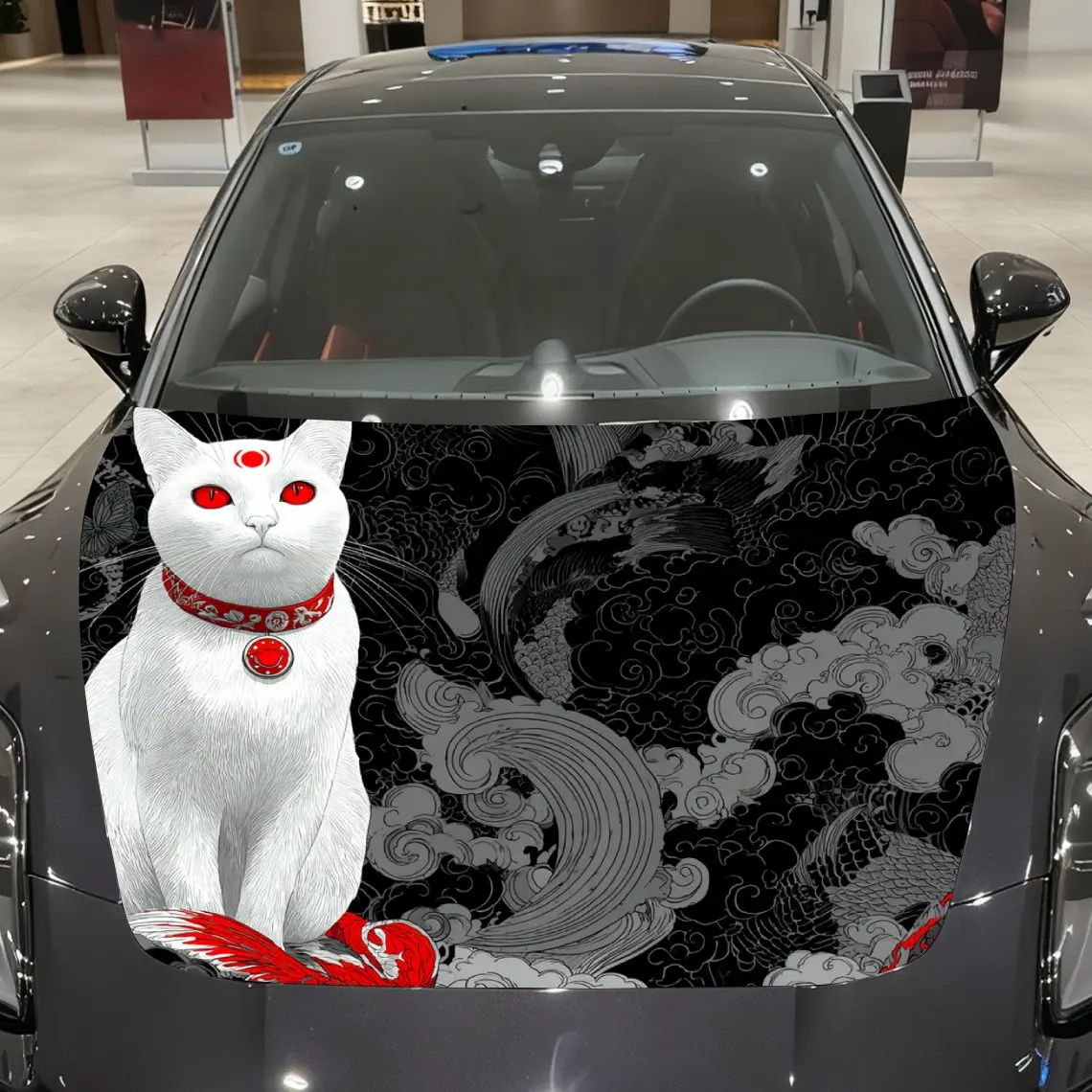 Red Eyed White Cat Car Hood Sticker, Roll Packaging, Fashionable Design, Suitable For Most Vehicles, Stylish Car Decoration, Eng