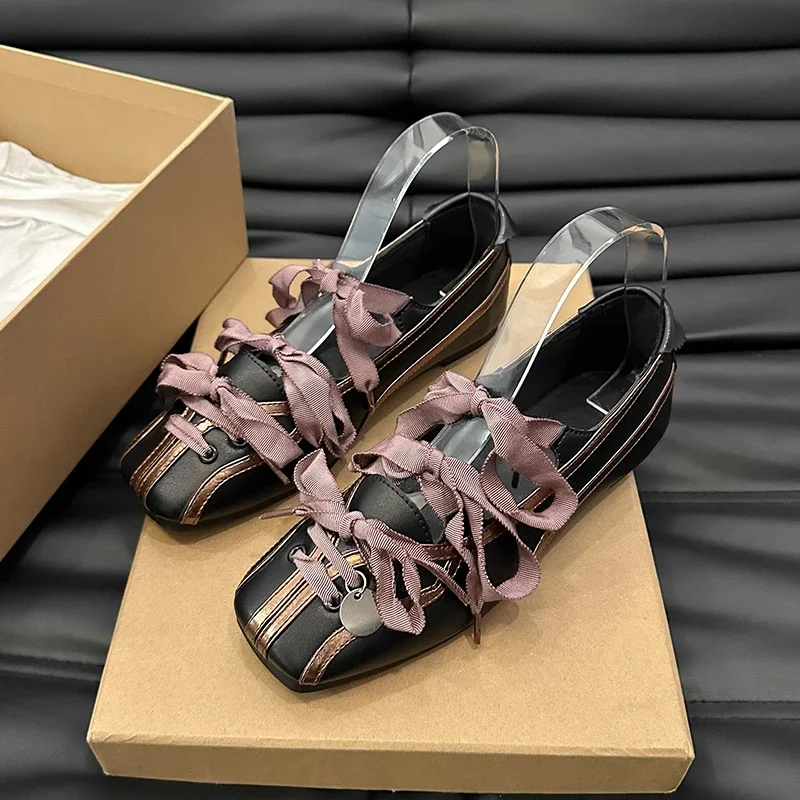 Mary Jane Ballet Flats Round Toe Low Heel Black Purple Lace-up Silver Metal Charm Designer Luxury Shoes Ballerinas Women's Shoes