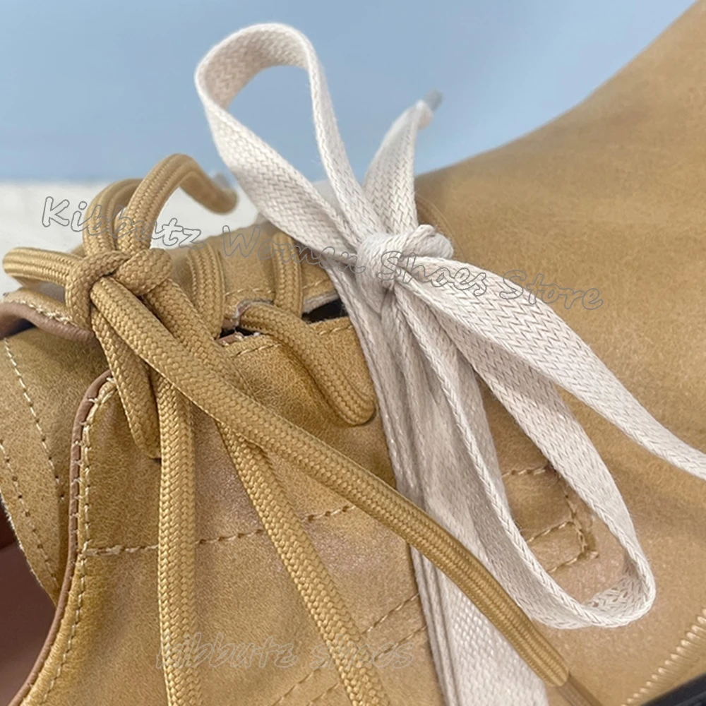 Round Big Toe Pumps Sneaker Cross Lace-Up Genuine Leather Hollow Solid Color Fashion Elegant Comfortable Sexy Chunky Heel Newest