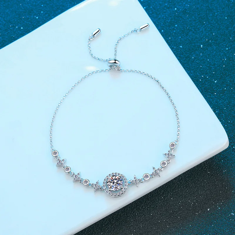 D Color Moissanite One Carat Bracelet Light Luxury Bracelet Round Bag Star and Moon Bracelet Seiko Quality Platinum PT950 Mark