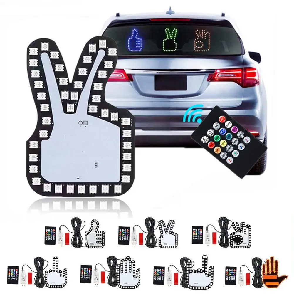 2024 New LED Car Finger Light Illuminated Gesture Light Remote Road Rage Signs Middle Finger Auto Back Window Funny Sticker