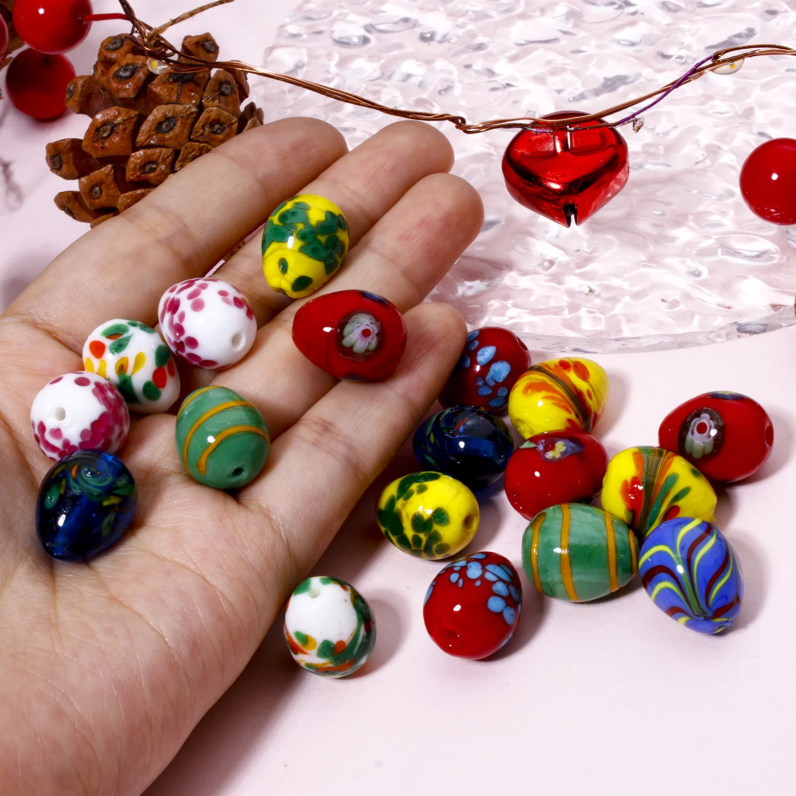 5 PCs Lampwork Glass Beads For DIY Charm Jewelry Making Oval Multicolor Spot About 17mm x 14mm, Hole: Approx 1.2mm