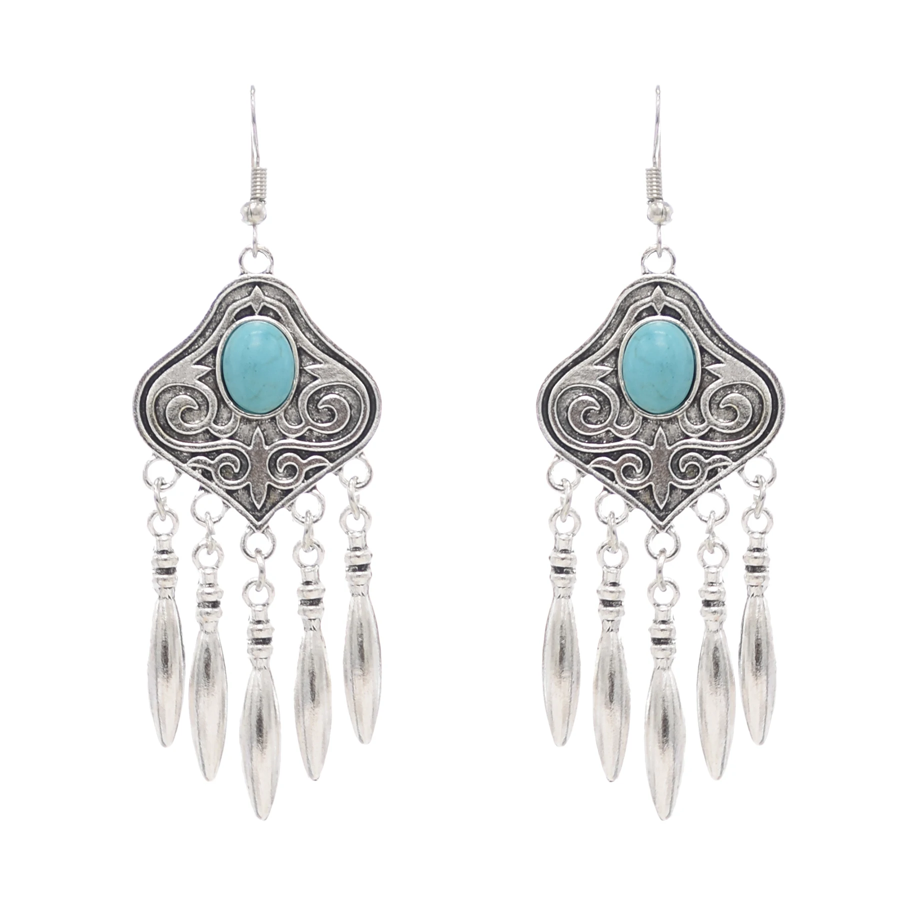 Indian Vintage Oxidized Silver Color Metal Drop Earrings for Women Boho Blue Black Stone Hanging Earring Party Gift Gypsy