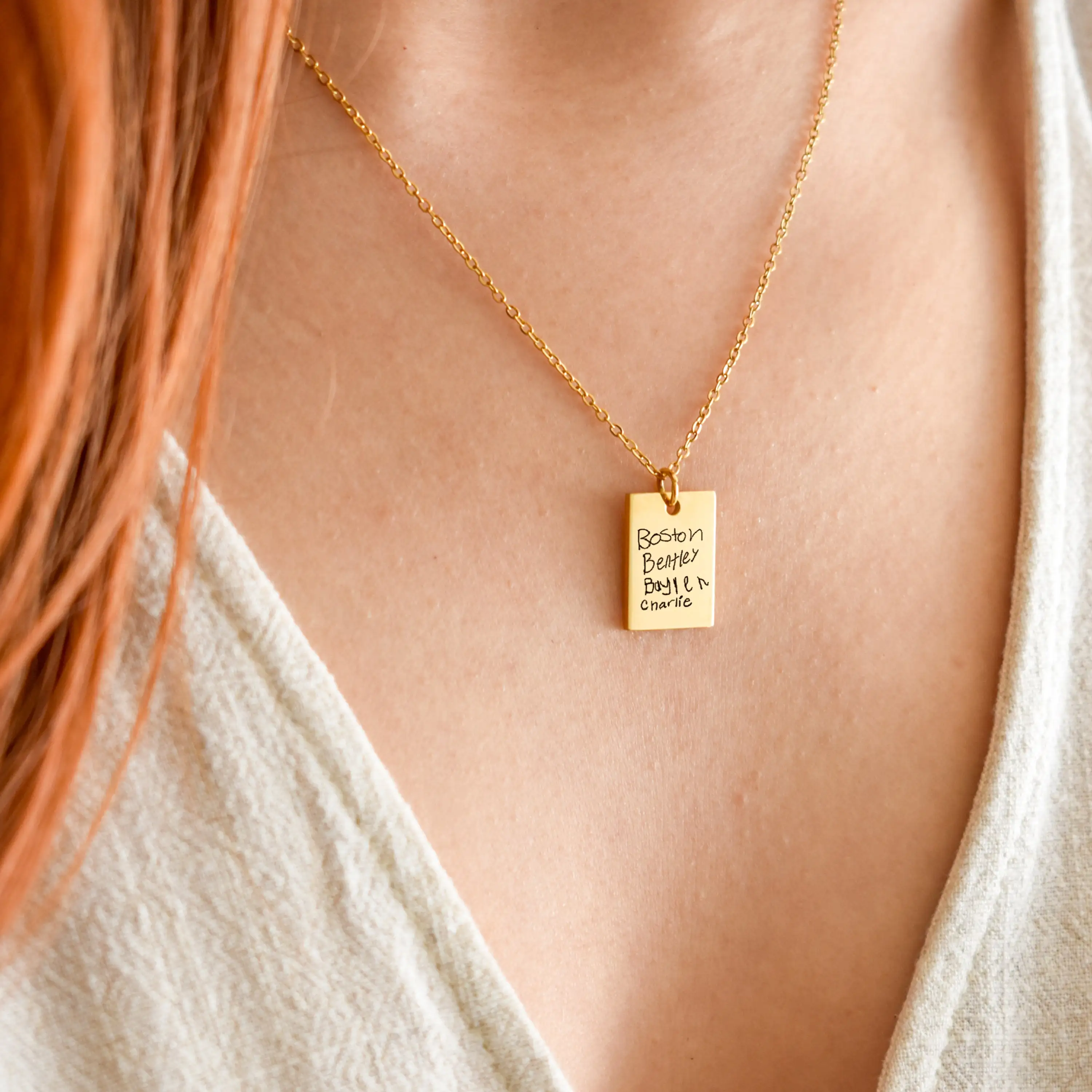 Personalized Handwriting Name Necklace Custom Engraved Rectangle Pendant Necklace Available in Gold Silver Rose Gold Chains