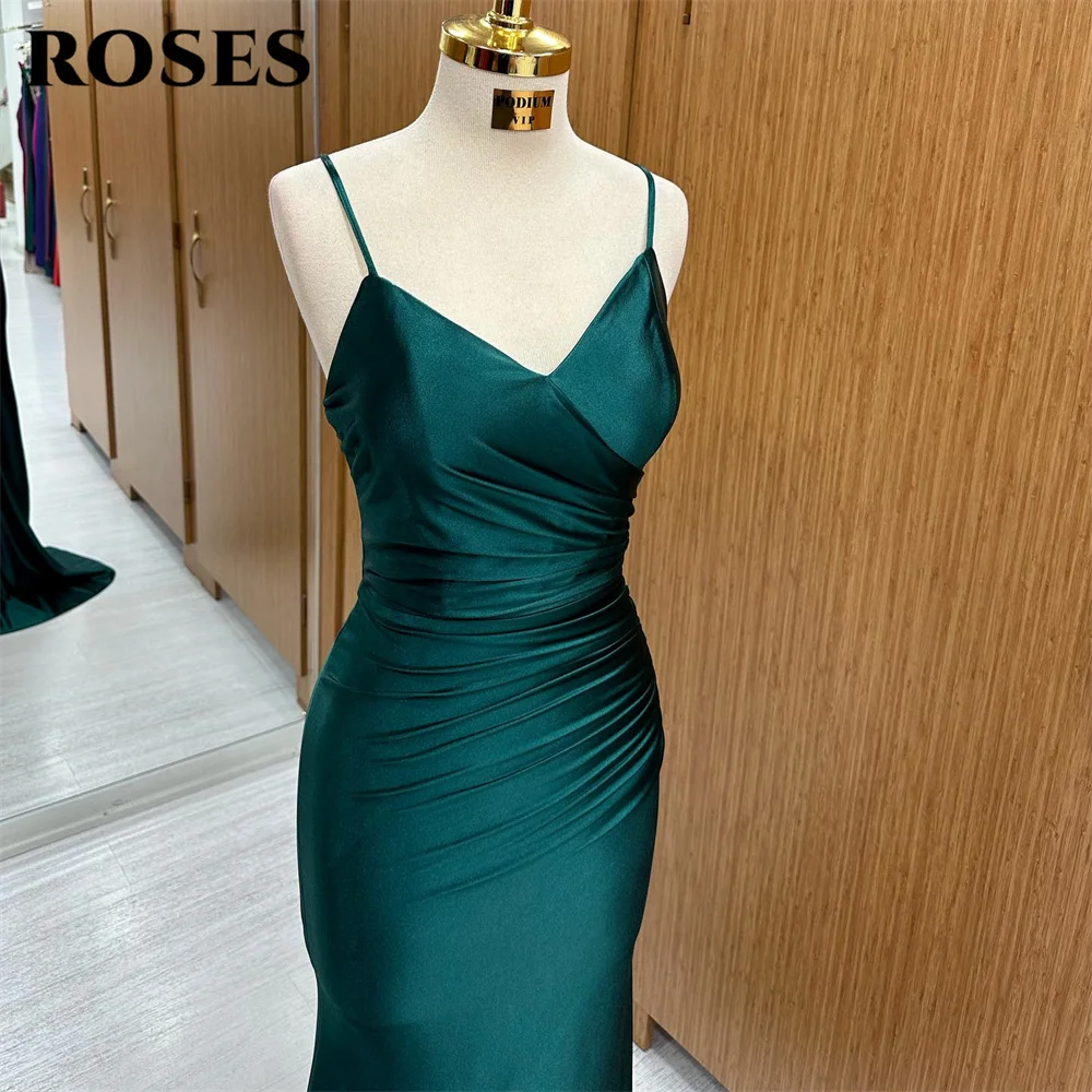 ROSES-simples sereia vestidos de noite, verde escuro Prom Dresses, Spaghetti Strap, Sexy Open Back Party Dress