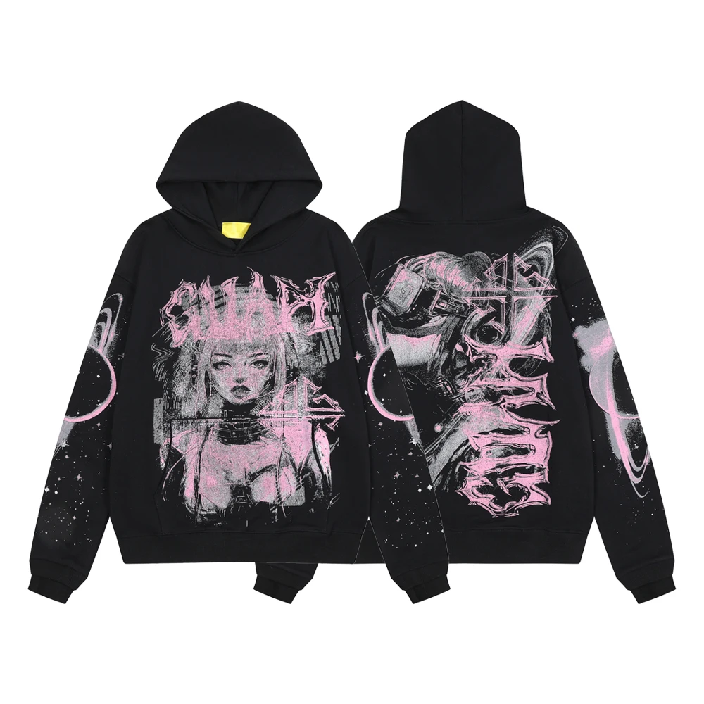 

New Y2k Streetwear Graphic Hoodies with Distressed Cotton Oversized Casual Retro Cyberpunk Hiphop Street Style Rock Band Hoodies