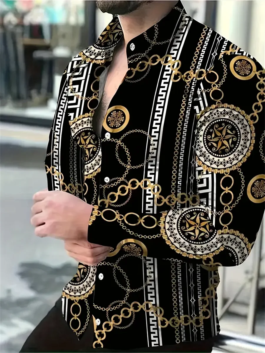 

Men's retro printed long-sleeved shirt casual commuter lapel clothing handsome popular and comfortable men's full size tops