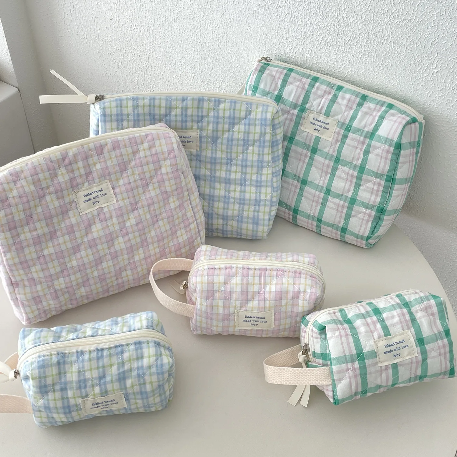 Vintage Plaid Women\'s Storage Bags Large Capacity Cosmetic Bag Make Up Case Soft Cotton Portable Female Clutch Purse Handbags