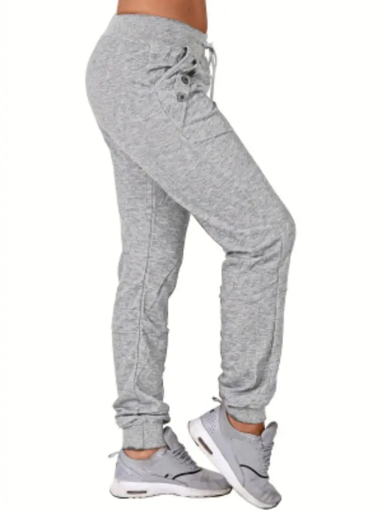 Pantalon à taille haute solide, pantalon de jogging long décontracté avec poches pour toutes les saisons, vêtements pour femmes