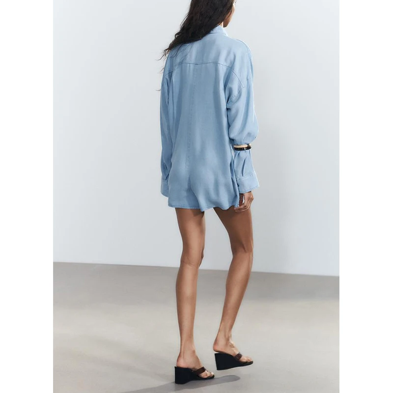 Spring Summer New Women's Pleated Decorative Collar Long Sve ort Denim Overall Pants High Waist Straight Leg Commute Sle