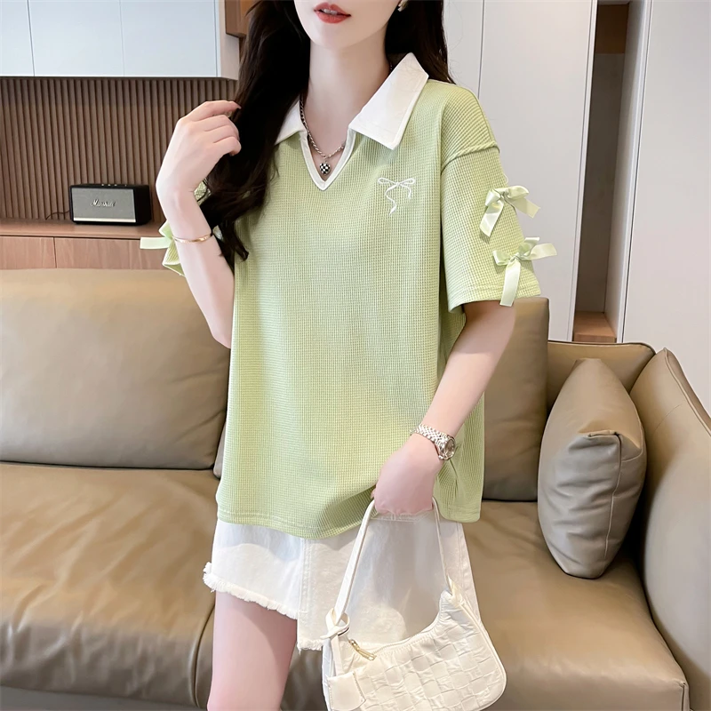Summer New Embroidered Bow T-shirt Contrast Loose T Shirts Polo Neck Waffle Short Sleeve Tops Tees Casual Fashion Women Clothing
