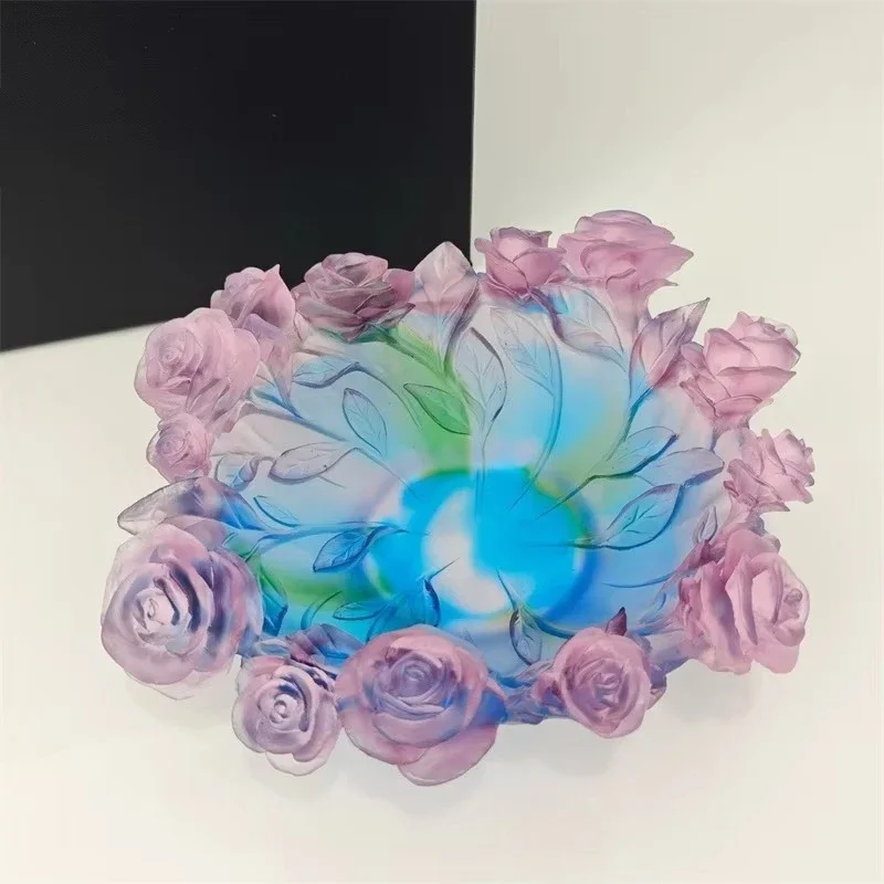 Deluxe colored glass fruit plate, rose bowl creative crystal tray, living room bar snack tableware set