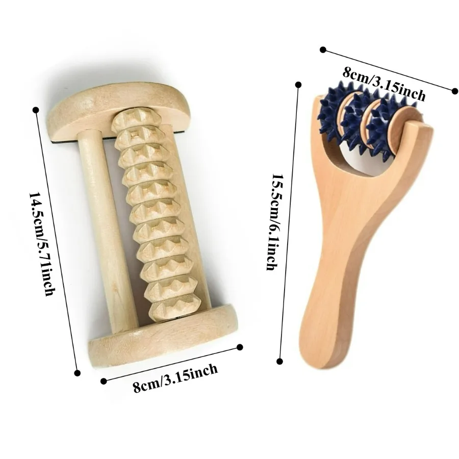 2Pcs Wooden Massage Roller Set: Handheld Body + Foot Roller for Back Legs Soles, Home Office Gym Essential Gift for Runners