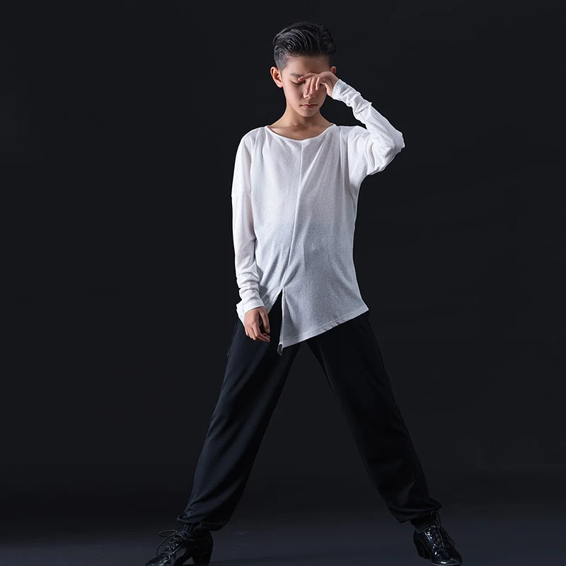 Boys Latin Dance Performance Wear Black White Bat Sleeve Tops Pants Rumba Tango Waltz Dancing Clothes Practice Wear VDB8044