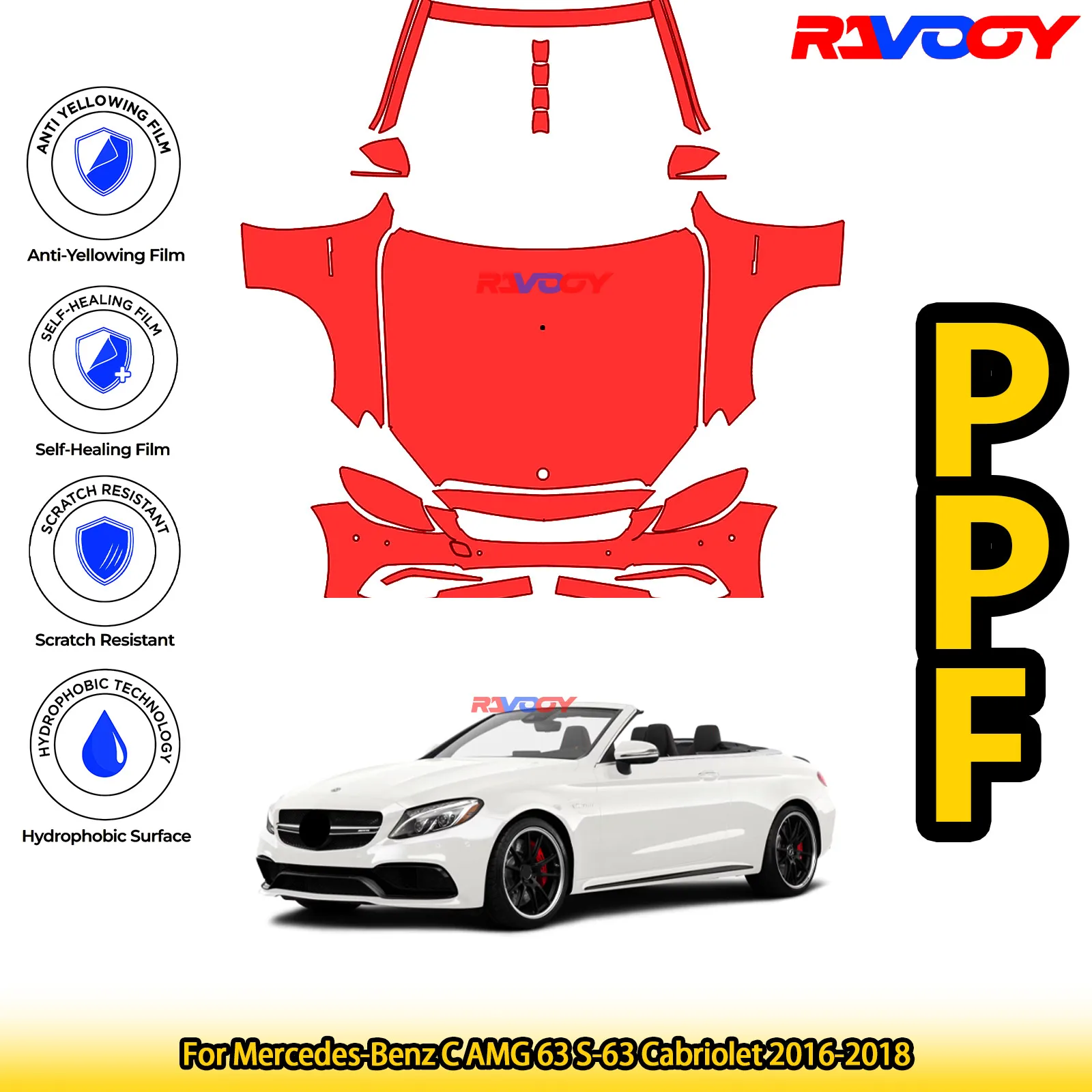 

For Mercedes-Benz C AMG 63 S-63 Cabriolet 2016-2018 Glossy Matte Black Precut front PPF Kit Paint Protection Film