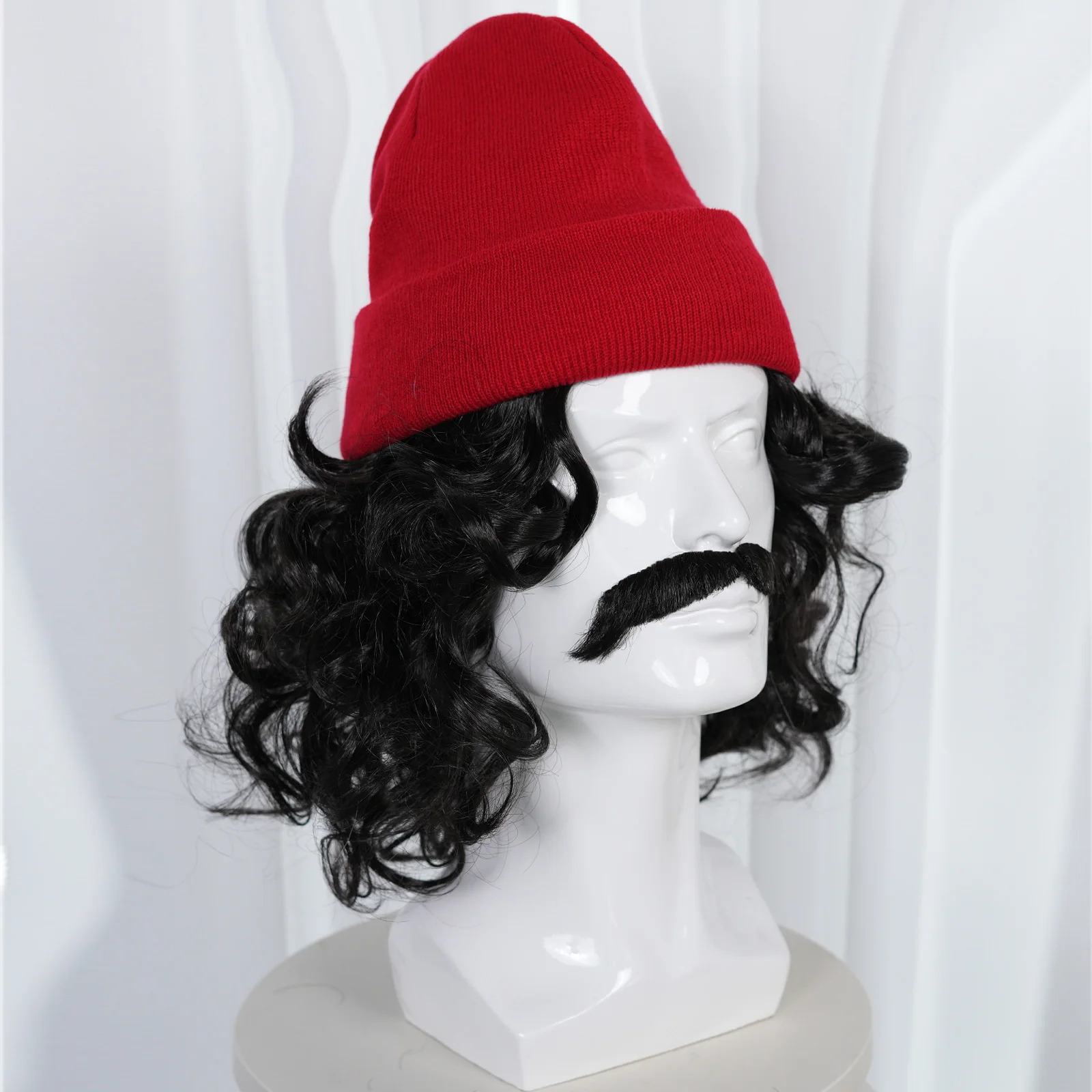 Synthetic black curly hair role play wig, paired with a red knitted hat and simulated beard, for Christmas theme parties