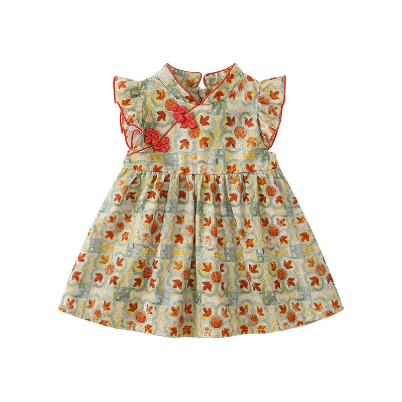 

Summer Baby Girls Chinese Style Short Sleeve Floral Cheongsam Dress Kawaii Cotton Party Holiday Outfit 1-3 Years Casual Dresses