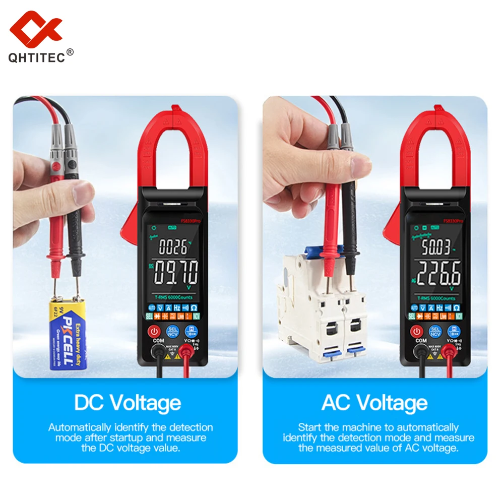 QHTITEC DC/AC Current Digital Clamp Meter 6000 Counts 400A Amp Multimeter Large Color Screen Voltage Tester Car Hz NCV Ohm Meter