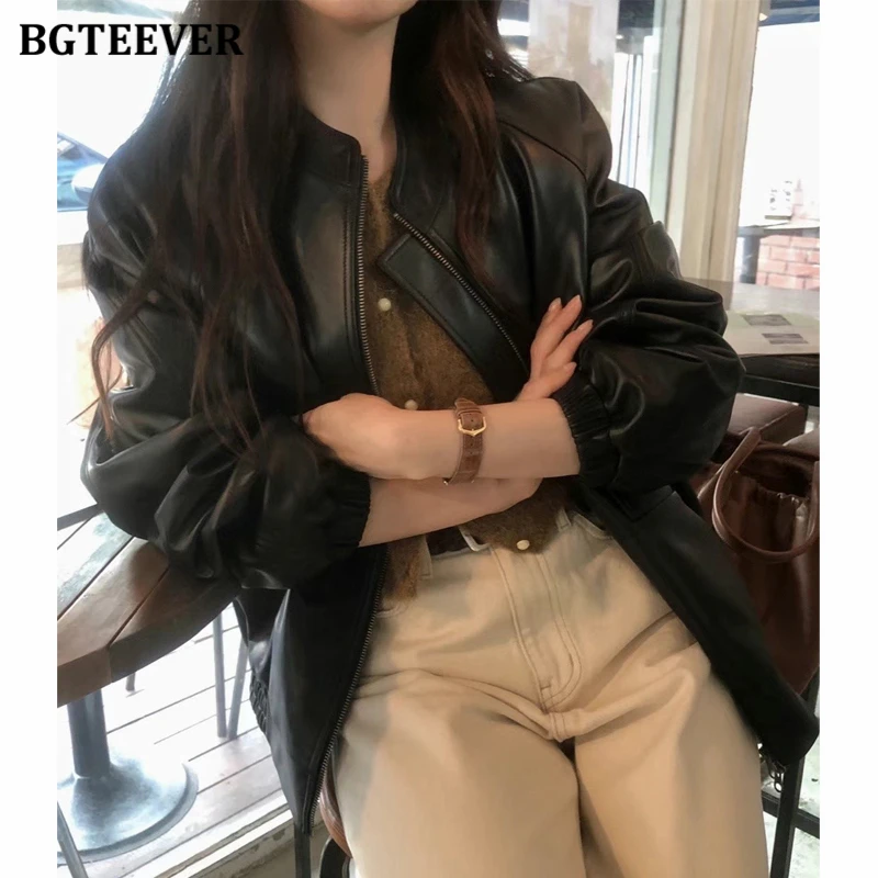 BGTEEVER-chaquetas de cuero sintético para mujer, abrigos elegantes de manga larga con cremallera y bolsillos sueltos, Estilo Vintage, sólido, para Otoño e Invierno