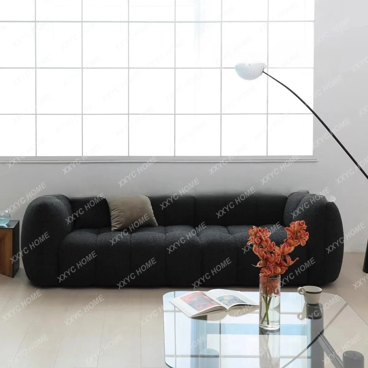 

X40 Pumpkin Sofa Retro Modern Minimalist Lamb Wool Fabric Straight Row Multi-person Black Sofa