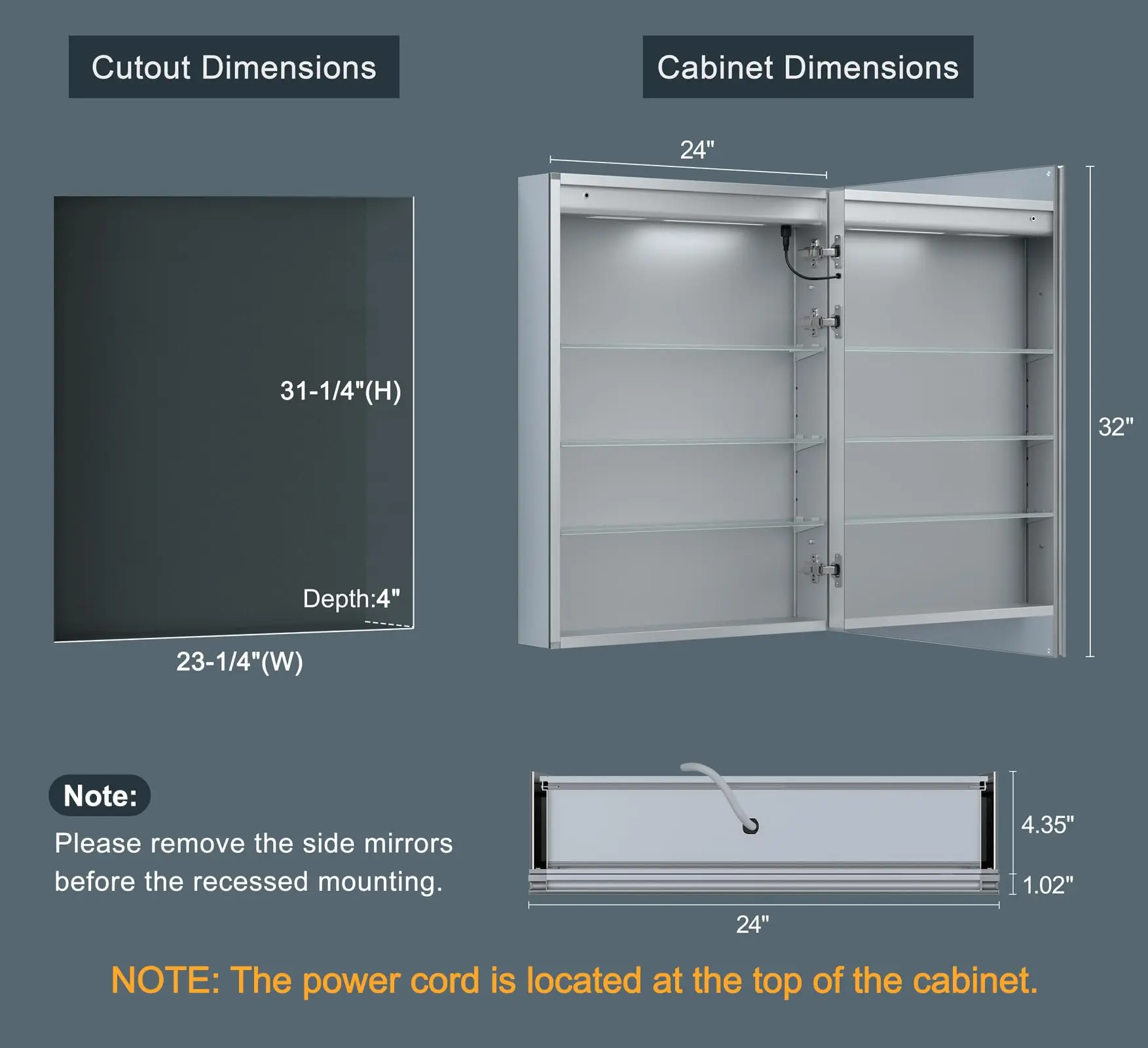 24x32 Inch Medicine Cabinet with Lights, AL Alloy Frame, Plug-in or Hardwired, Recessed or Wall Mount, 3
