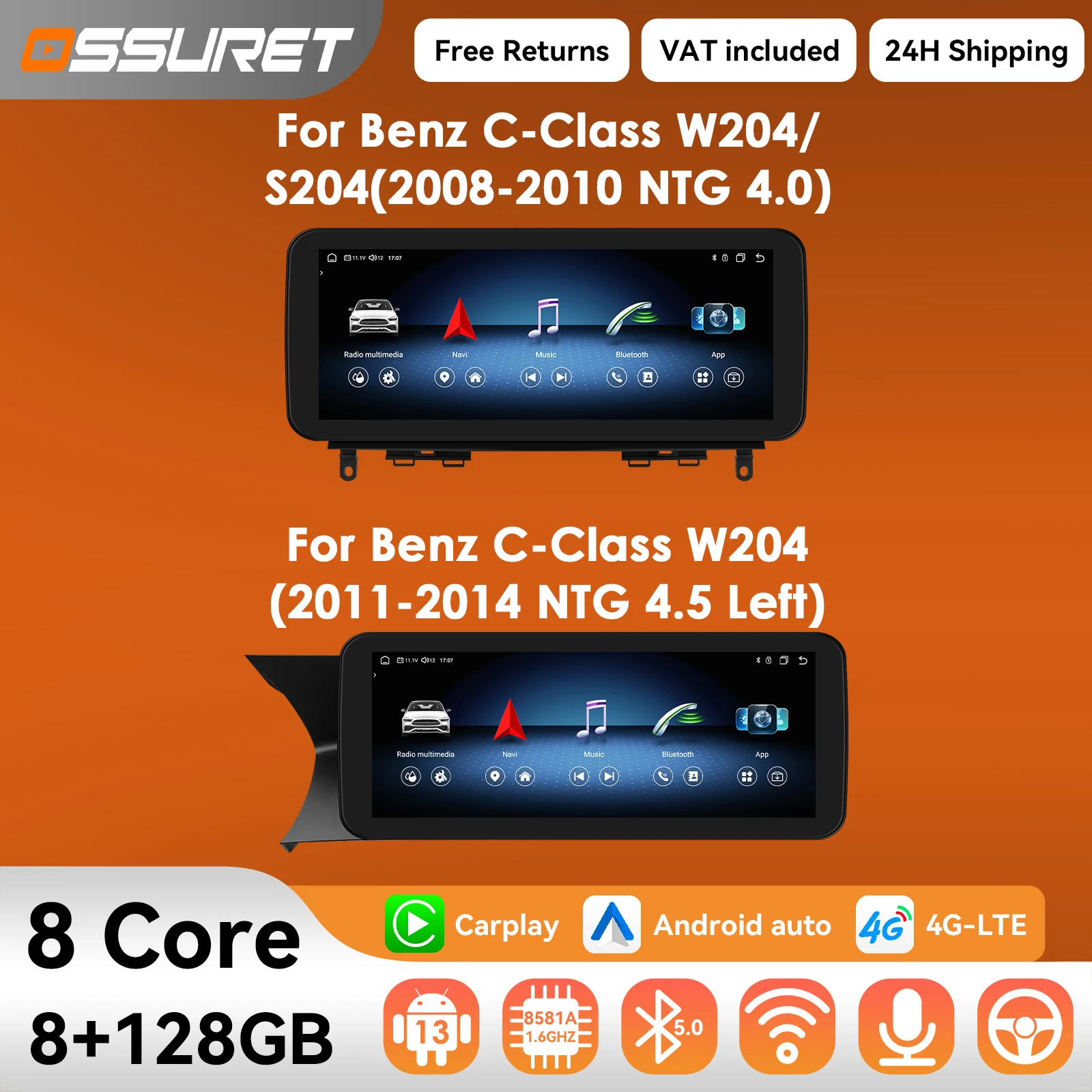 10,25-Zoll-Android-Autoradio für Mercedes Benz W204 S204 C-Klasse NTG 4.0 4.5 2008 - 2014 2DIN Carplay intelligenter Bildschirm GPS Stereo
