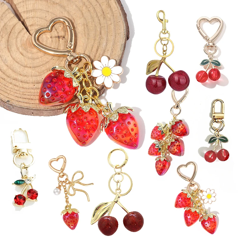 Exquisite Premium Pearl Chain Red Cherry Golden Key Chain Simplicity Individuality Bag Pendant Accessory