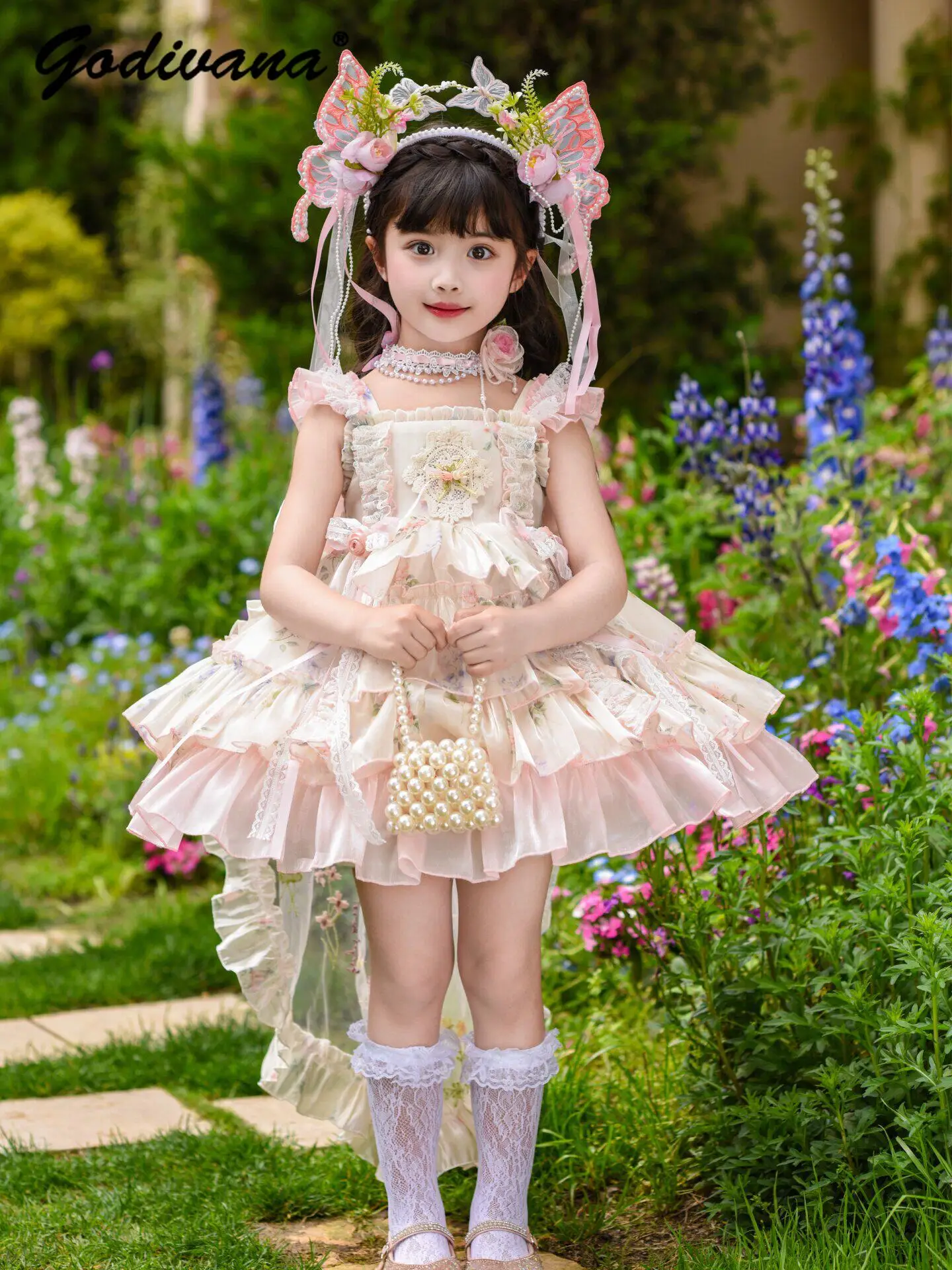 Sweet Baby Girls Floral Lolita Princess Sundress New Spring and Summer 2026 Kids Sleeveless Mesh Bow Tail Birthday Party Gown