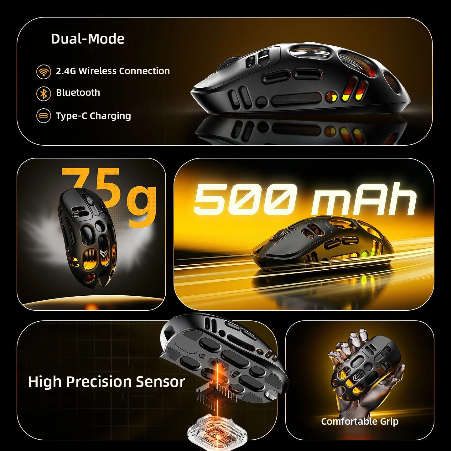 Rechargeable Wireless 2.4G Bluetooth Dual-mode Mouse Light Weight Cool RGB Lights 3 Levels DPI Office Use Mice Hollow Design
