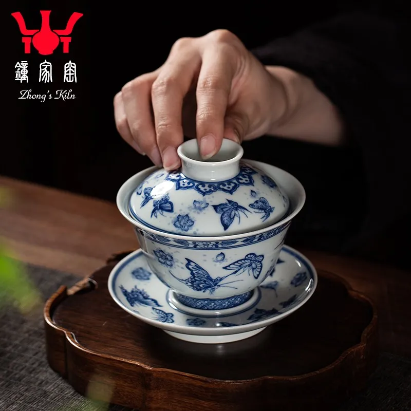 Zhongjia Kiln Tureen Gaiwan Tea Cup Jingdezhen Blue and White Wood Kiln Hundred Butterfly Picture High-End Tea Making Tureen Tea