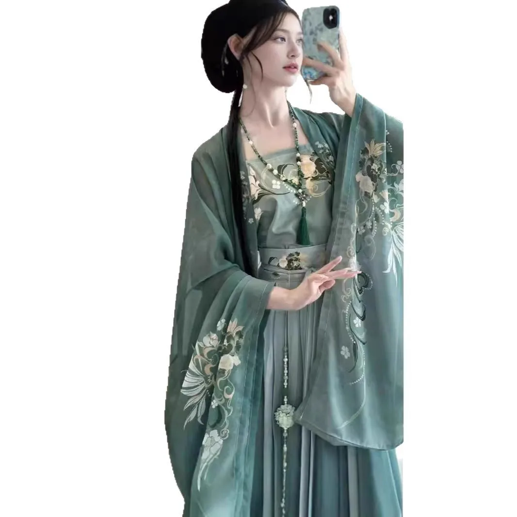 هان الملابس أغنية المرأة النمط الصيني التقليدي المطبوعة الخصر مطوي تنورة تنفس الربيع والخريف