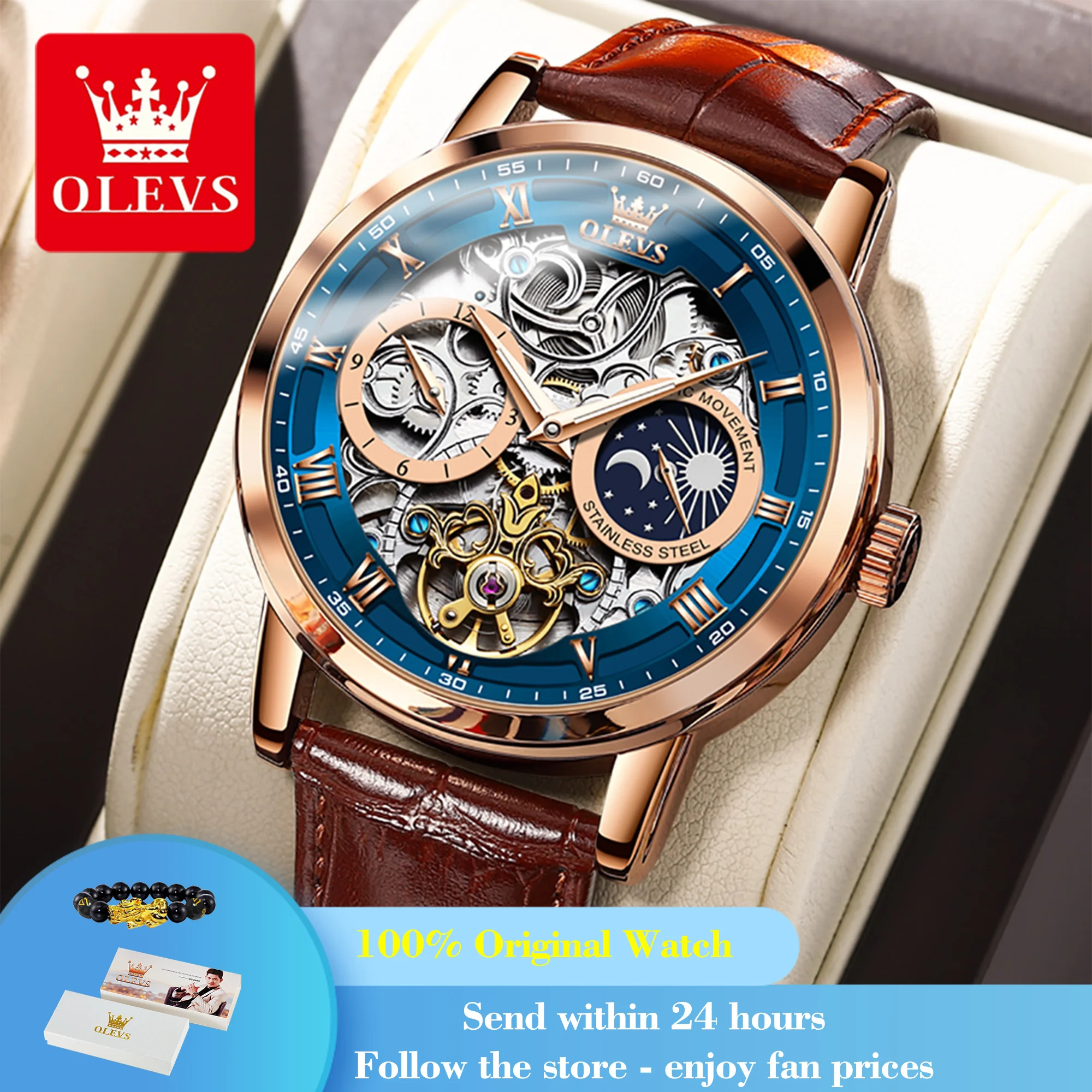 

OLEVS 6670 Moon Phase Mechanical Watch For Men 44mm Big Dial Luxury Original Top Brand Man Watch Hollow Skeleton Leather Watches