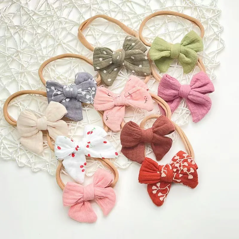 

20 PCS/Lot, 3 inch Handtied Cotton Fabric Bow Soft Nylon Headbands Baby Shower Gift Kids Girls Hair Accessories