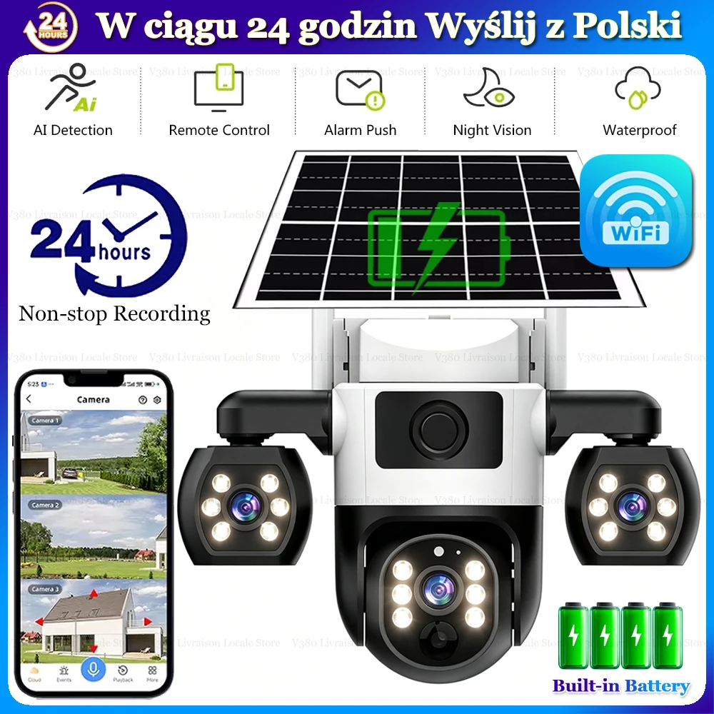 Kamery WiFi Solarne 3 Obiektywowe z 3 Kątami Monitorowania, Zewnętrzne Inteligentne Kamery Bezpieczeństwa Domu, Ochrona HD, Noktowizja, 360 PTZ, Zasilane Energią Słoneczną, Kamery IP Solarne