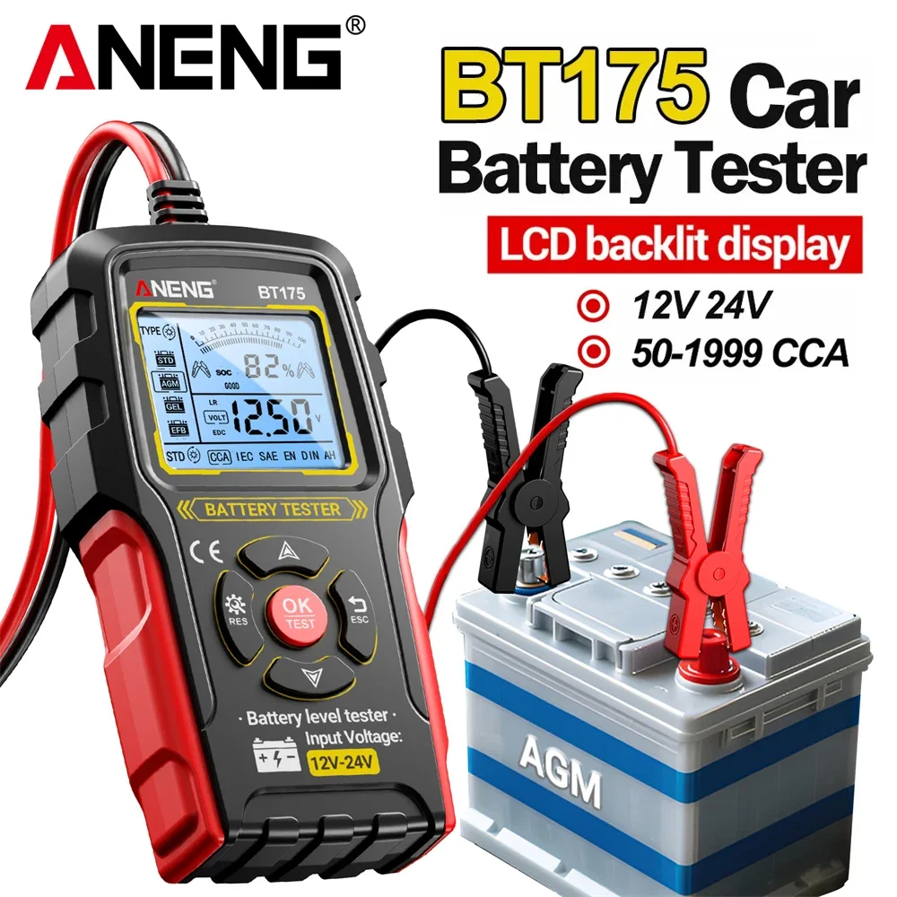 

ANENG BT175 12V 24V Car Battery Tester Digital Alternator Automotive Analyzer Display Screen With Insulated Alligator Clip Tools