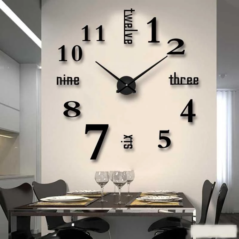 3D DIY Wall Clock Modern Design Large Acrylic Clocks Home Sticker Room Decor Clock on the Wall Numbers-Black