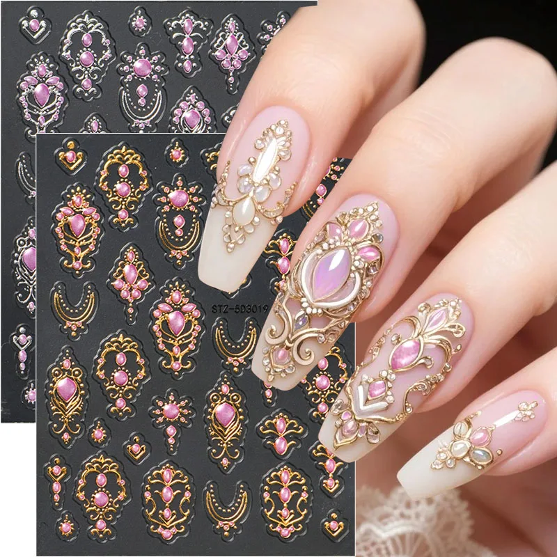 5D Bronzing Jewelry Nail Stickers Sparkling Pink Gemstone Nail Art Decals Gold Silver Tone Edges Jelly Gems Sliders Decor