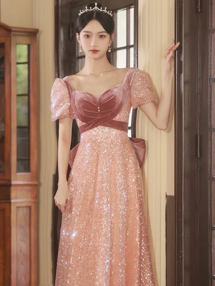 

Robe De Soiree Women Sparkly Exquisite Pink Sequins Wedding Dress Fairy Floor-length Party Gowns Toast Clothing