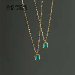 Stainless Steel Plated 18K Gold Geometric Green Zirconia Pendant Necklace Women Luxury Elegant Birthday Jewelry Gift