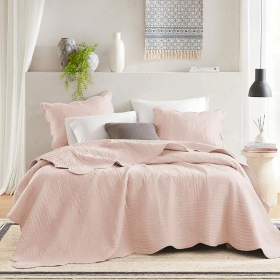 

Queen Quilt Set Damask Coverlet Set for Queen Size Bed Cottage Oversized Quilt Set Scallop Edge All Season Pre-washed Cotton-Fi