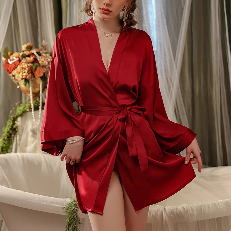 Sexy Medium Cardigan Lace-Up Robe Bathrobe Ready To Wear Thin Silk Satin Home Wear Short Crisp Robe