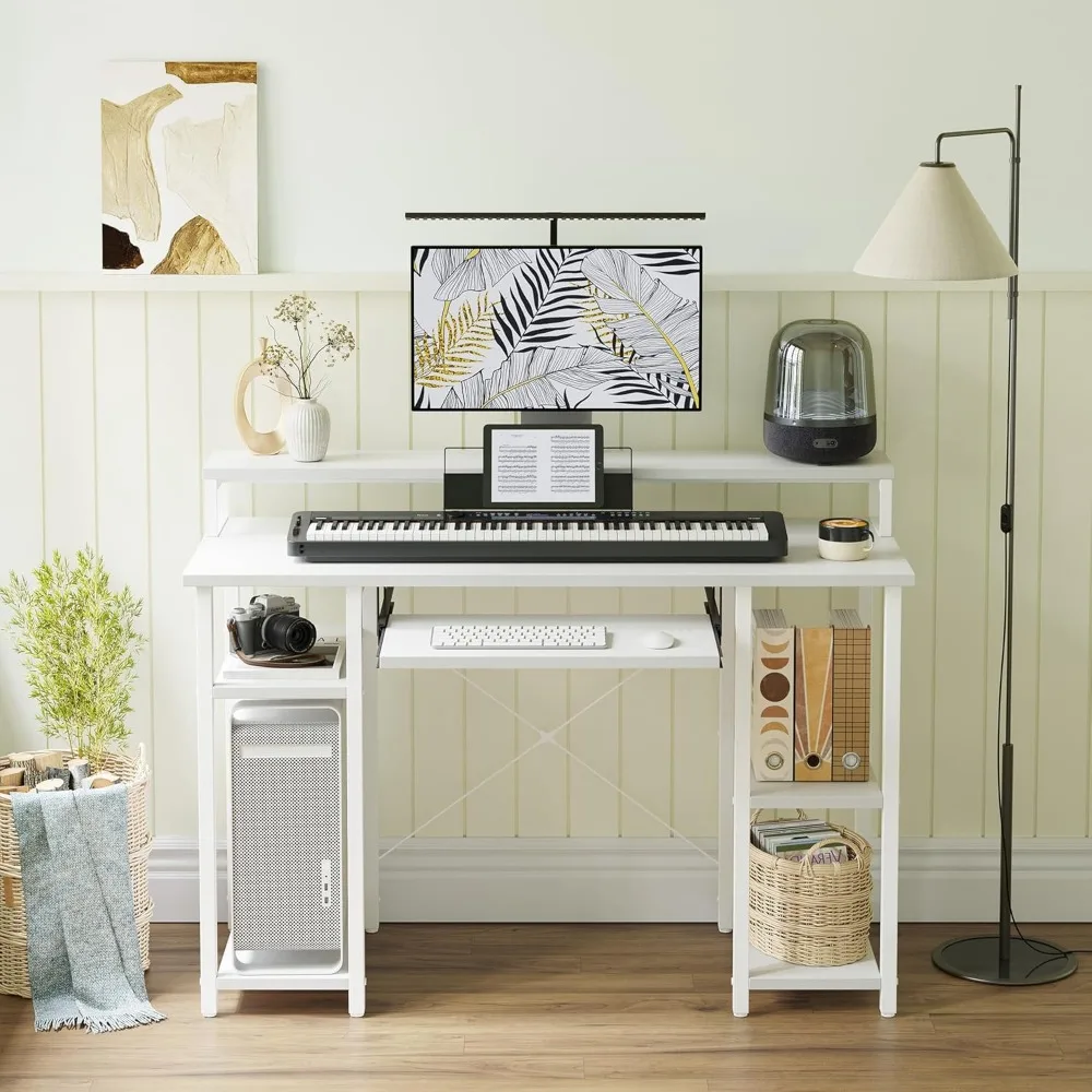 CubiCubi Computer Desk with Keyboard Tray, 47 Inch Office Desk with Monitor Stand and Storage Shelves, Music Studio Desk