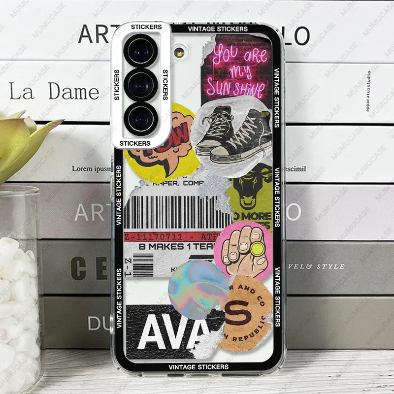 Case For Samsung Galaxy S25 S24 S20 S21 FE S22 S23 Ultra A13 A33 A50 A52 A53 A73 A54 A14 Soft Cover Old vintage stickers