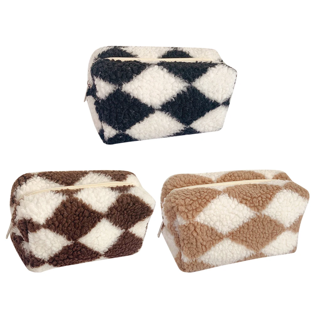 

Модная косметичка в клетку, студенческая сумка для канцелярских принадлежностей, многофункциональная сумка для хранения косметики, мягкая плюшевая сумка для путешествий и отдыха