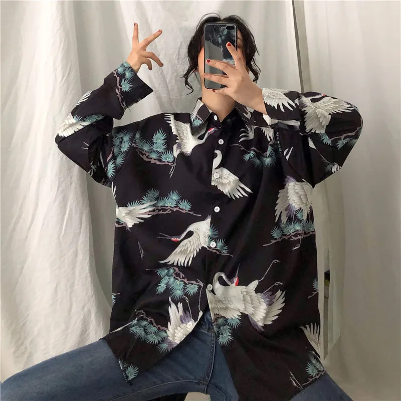 Chinese Style Women Blouses 2024 Spring Summer Shirts Long Sleeve Harajuku Vintage Chic Crane Printed Blusas Daily Streetwear