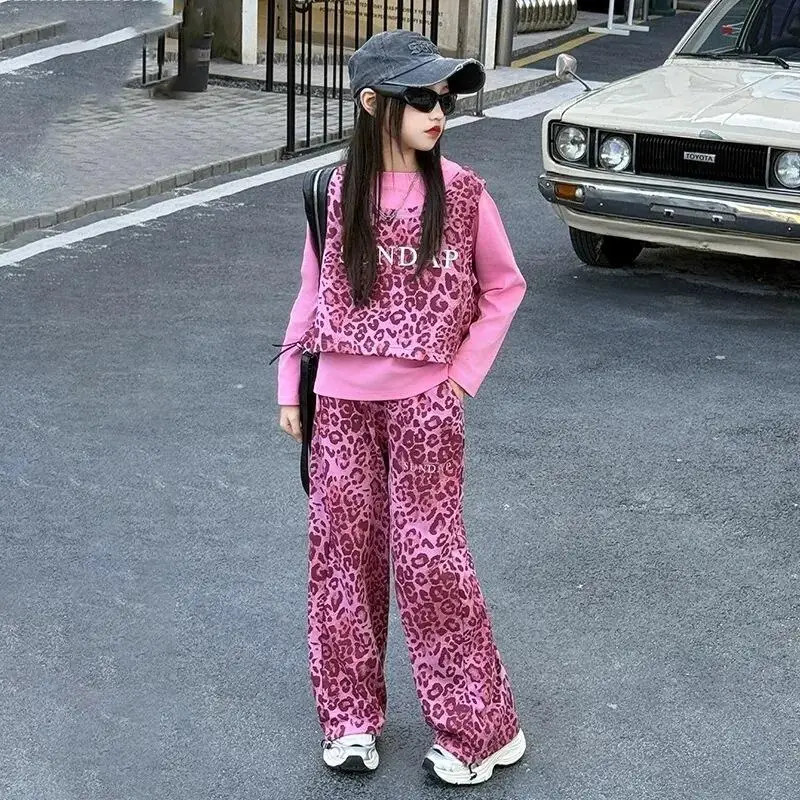 

Kawaii Girl Fashion Vest Pants Set Student Spring and Autumn Casual T-Shirt Tops Long Pants Three-Piece Set Children's Clothing