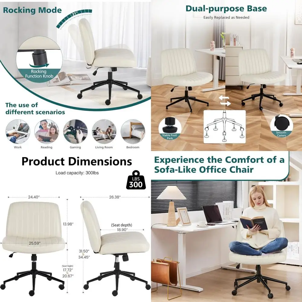 

Wide-Legged Swivel Desk Chair with Adjustable Arms, Fabric Seat, and PU Beige Finish for Home or Office Use