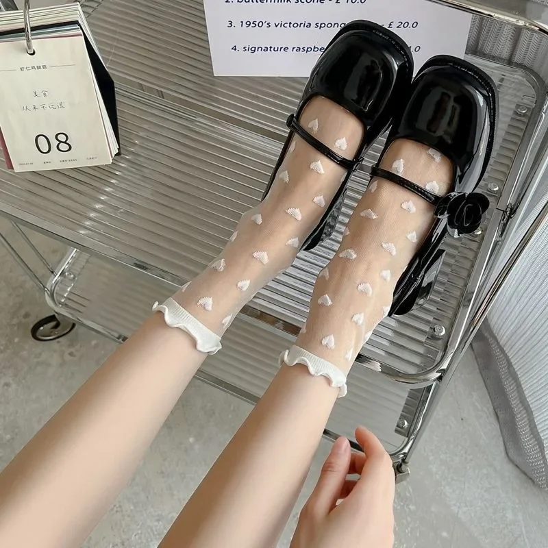 Transparent Summer Wood Ear Edge Socks Heart Stocking Ultrathin Women Nylon Female Short Ankle Elastic Crystal Spring Silk Sox