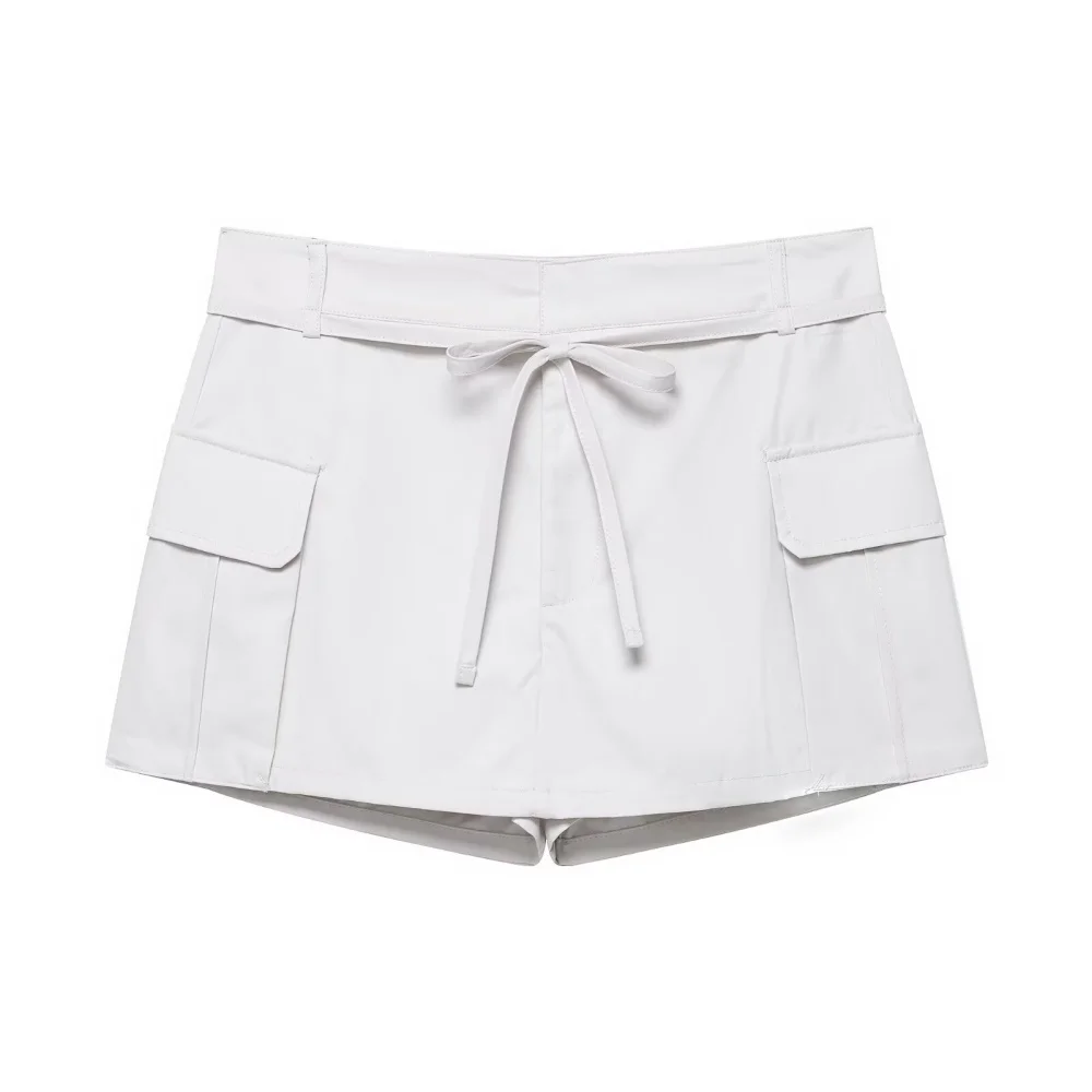 سروال نسائي بلون سادة برباط للعمل مع جيب متوسط الخصر مزين للصيف شورت عصري متعدد الاستخدامات