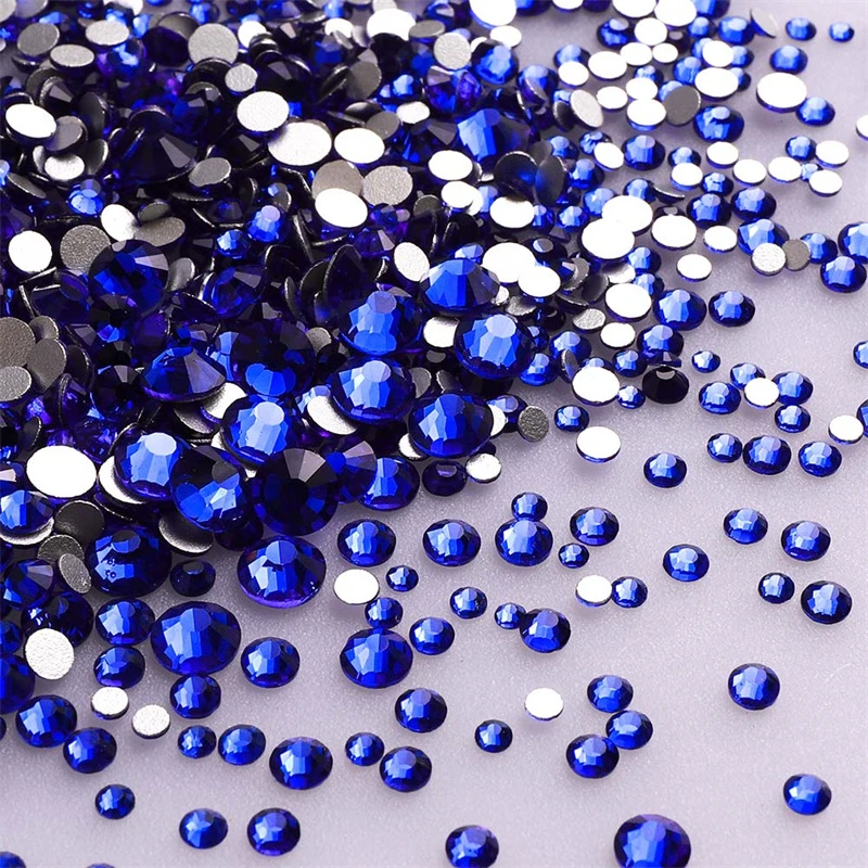 1440Pcs/Pack Mix Size Glass Flat Back Rhinestone Glitter Round Blue Diamond Non Hotfix Glue on Rhinestones for DIY Nail Art